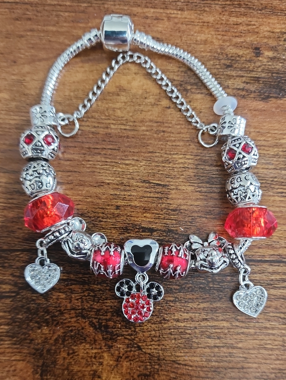 8.3 21cm 1pc Red Crystal Cartoon Charm Bracelet Silver Plated Heart Bead Fashion